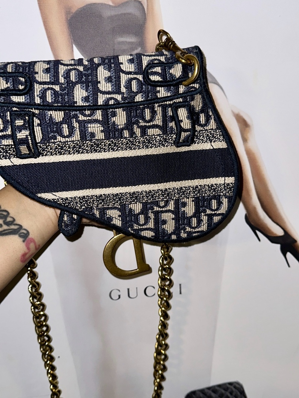 Dior Black and Cream Saddle Shoulder Bag with Gold Chain - Picture 2 of 3